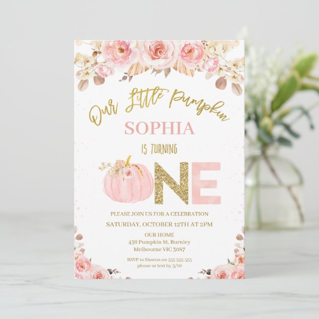 Invitation Boho Pink Rustic Automne Citrouille 1er anniversai (Debout devant)