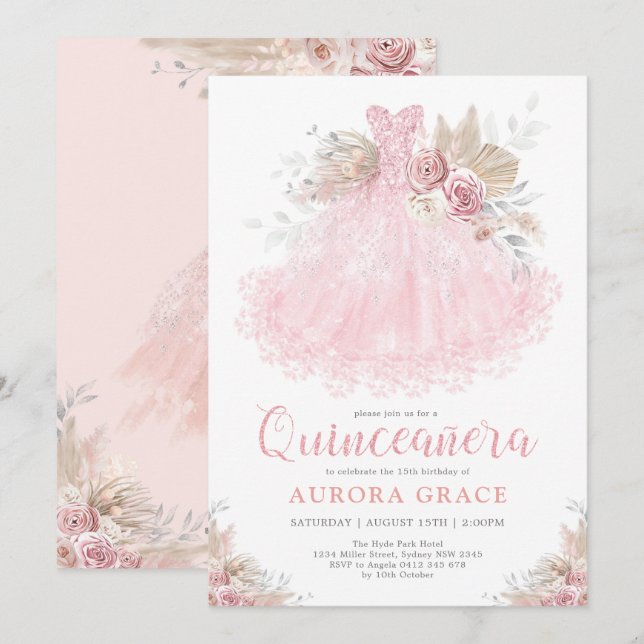 Invitation Boho Pink Silver Quinceañera (Devant / Derrière)