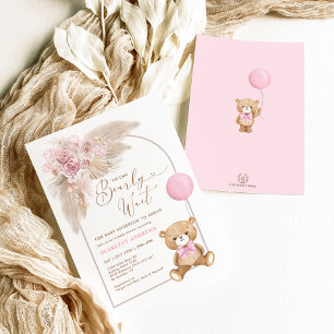 Invitation Boho Pink Teddy Bear Balloon Pampas Baby Girl