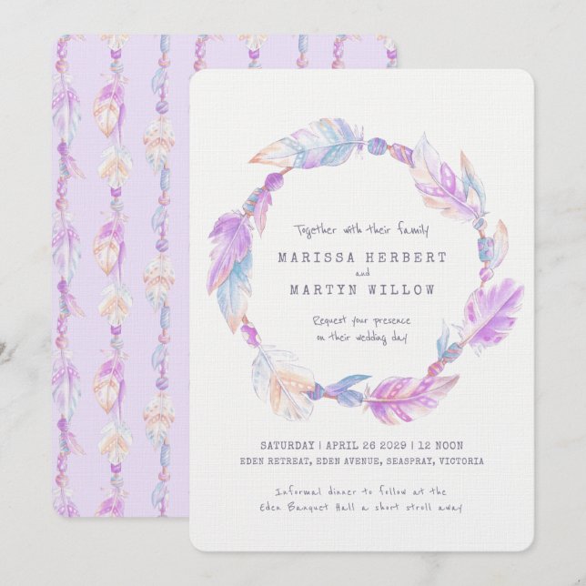 Invitation Boho plume aquarelle violet mariage invite (Devant / Derrière)