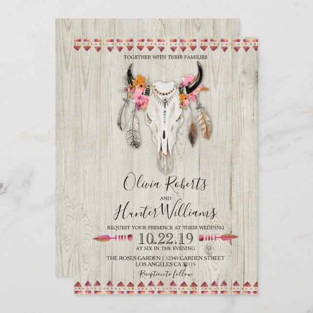 Invitation Boho Plumes florales Antlers Crâne de vache Mariag (Devant / Derrière)