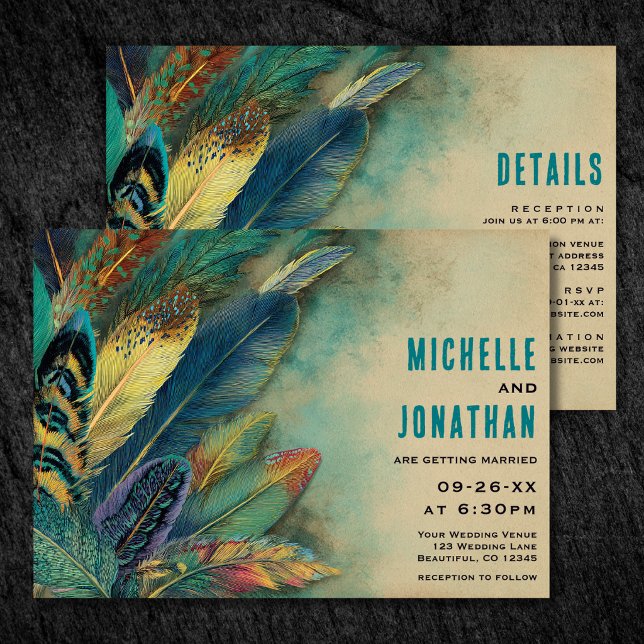 Invitation Boho Plumes | Turquoise Sarcelle Tout en Un Mariag (Boho Feathers  Turquoise Teal All in One Wedding Invitation)