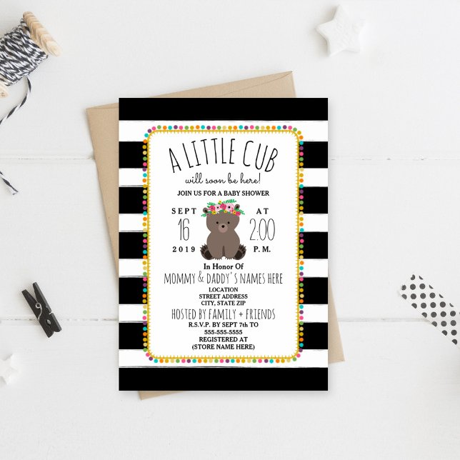 Invitation Boho Pom Poms Bear Cub Baby shower (Créateur téléchargé)
