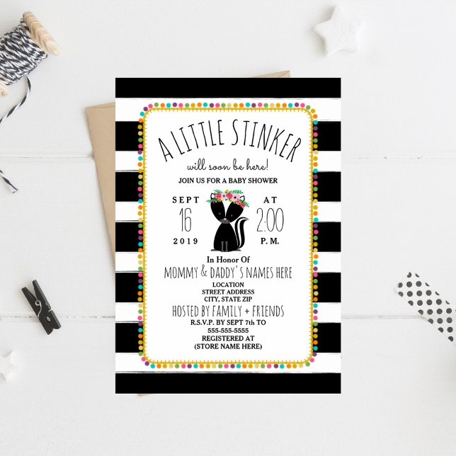 Invitation Boho Pom Poms Skunk Little Stinker Baby shower (Créateur téléchargé)