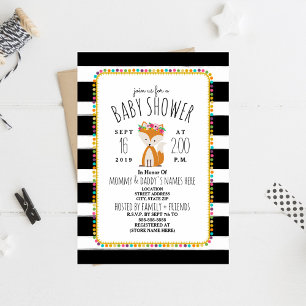 Invitation Boho Pom Poms + Stripes Fox Baby shower