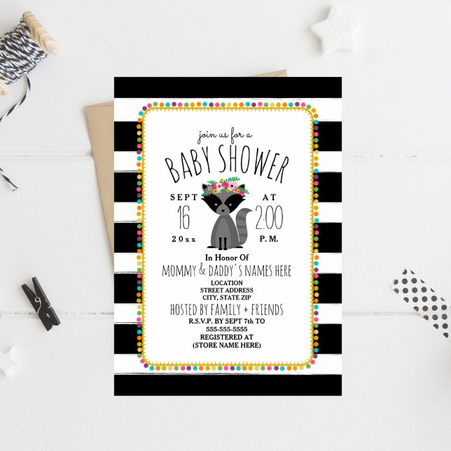 Invitation Boho Pom Poms + Stripes Raccoon Baby shower (Créateur téléchargé)