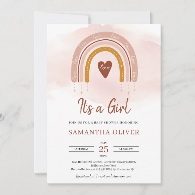Invitation Boho Poudre rose arc-en-ciel C'est un Baby shower  (Devant)