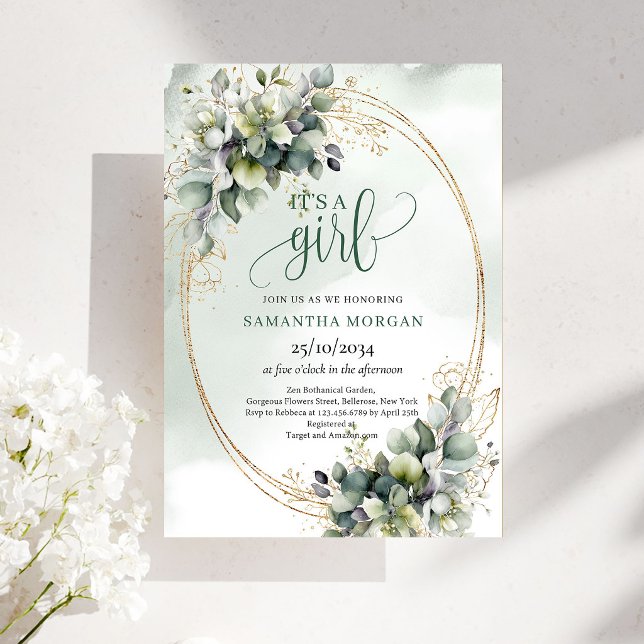 Invitation Boho Poussiéreux Feuilles d'Eucalyptus Vert C'est  (Boho Dusty Green Eucalyptus Leaves Style It’s A Girl Invite)