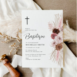 Invitation boho poussiéreux rose baptême floral