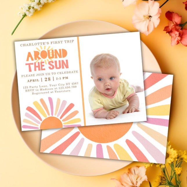 Invitation Boho Premier Voyage Autour Du Soleil 1Er Anniversa (Boho First Trip Around The Sun 1st Birthday Photo Invitation)