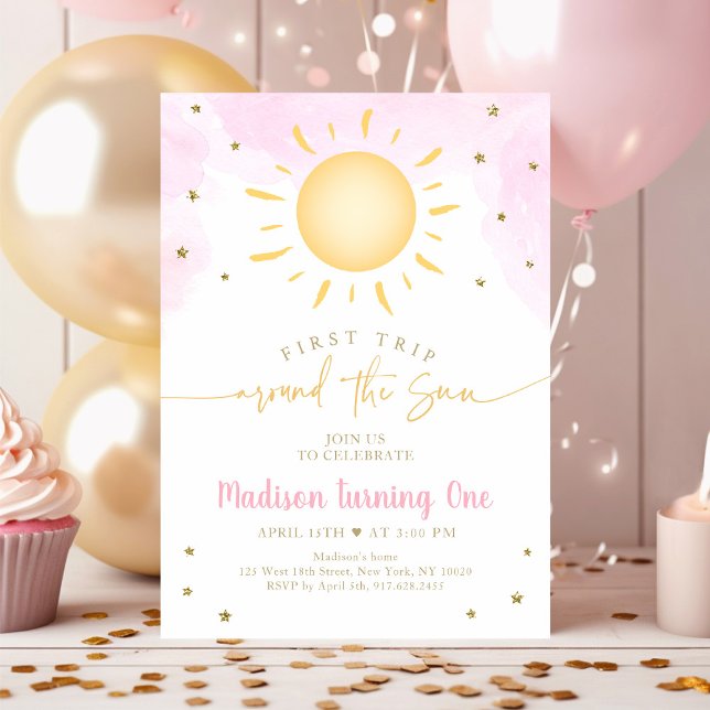 Invitation Boho Premier voyage autour du soleil rose or Anniv (Créateur téléchargé)