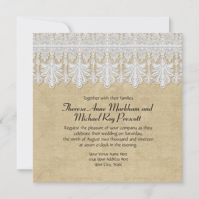 Invitation BOHO Printing Burlap n dentelle gitane Moderne Sty (Devant)