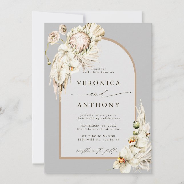 Invitation Boho Protea Pampas Grass Floral Gris Mariage (Devant)