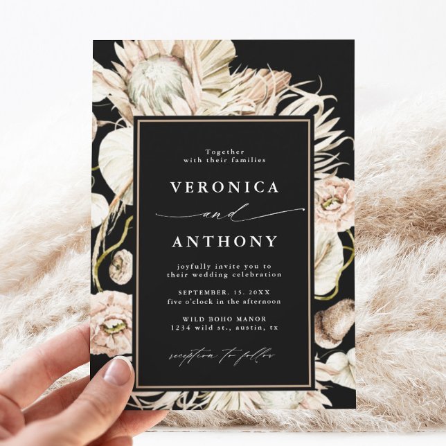 Invitation Boho Protea Pampas Grass Floral Mariage Noir (Créateur téléchargé)