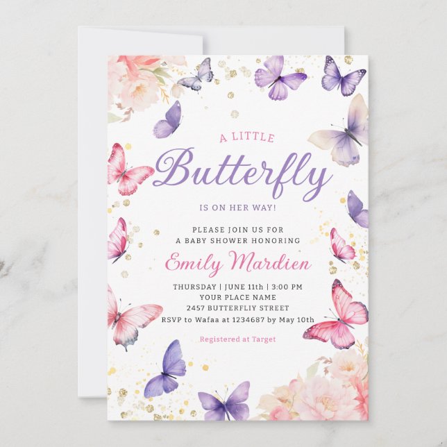 Invitation Boho Purple A Little Butterfly Girl Baby shower (Devant)