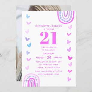 Invitation Boho Purple Arc-en-ciel moderne 21e fête d'anniver
