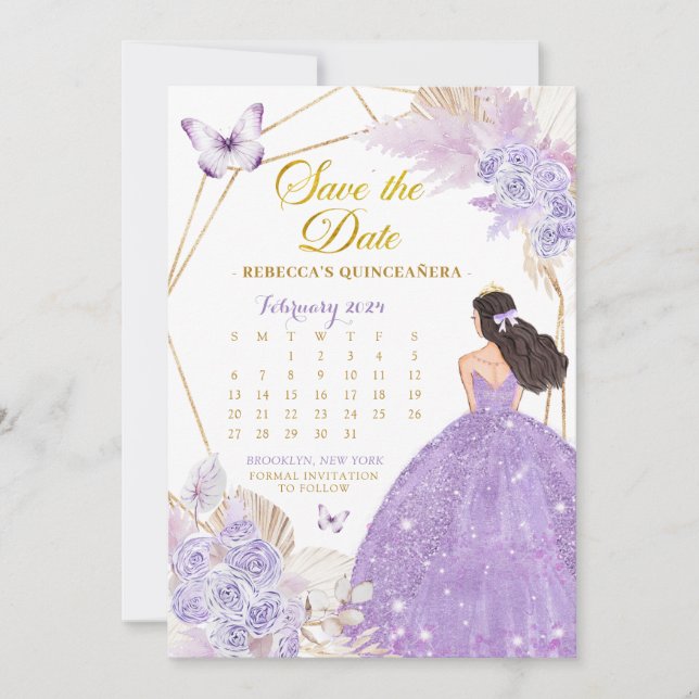 Invitation Boho Purple Butpe XV Enregistrer Le Calendrier Dat (Devant)