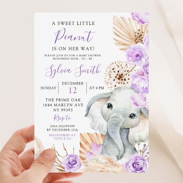 Invitation Boho Purple Elephant Girl Baby shower Floral (Créateur téléchargé)