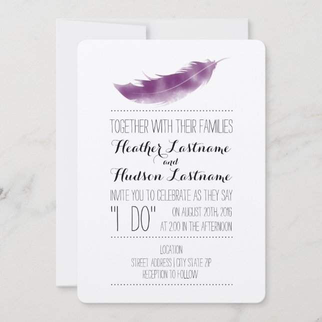 Invitation Boho Purple Feather I Do Mariage (Devant)