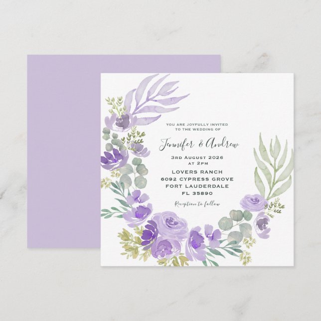 Invitation Boho Purple Floral & Aquarelle Botanique (Devant / Derrière)