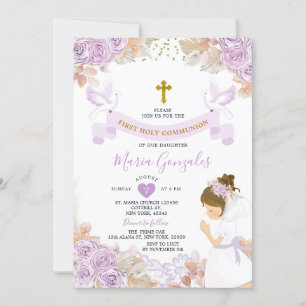 Invitation Boho Purple Floral Girl Première Sainte Communion