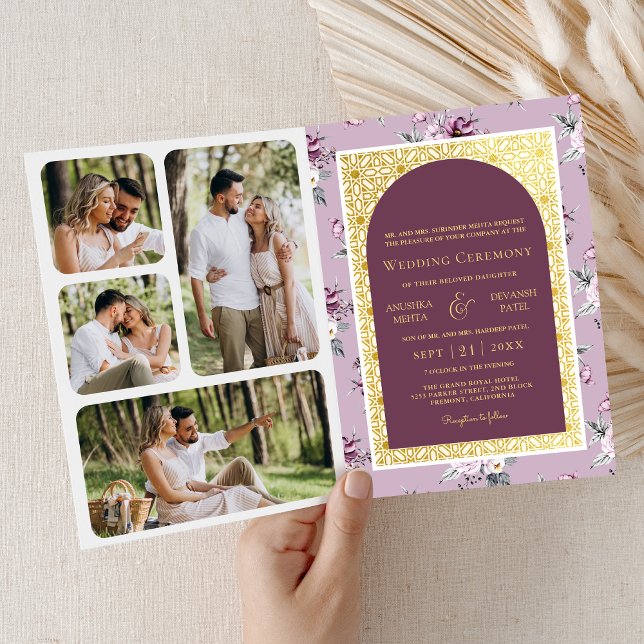 Invitation Boho Purple Floral tout en un Mariage Indien d'or (Créateur téléchargé)