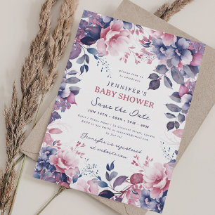 Invitation Boho Purple Garden Floral Baby shower Date de sauv