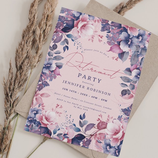 Invitation Boho Purple Garden Floral Retraite Party Blush (Boho Purple Garden Floral Retirement Party Blush Invitation)