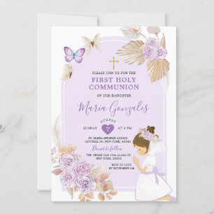 Invitation Boho Purple Girl First Holy Communion Butterfly