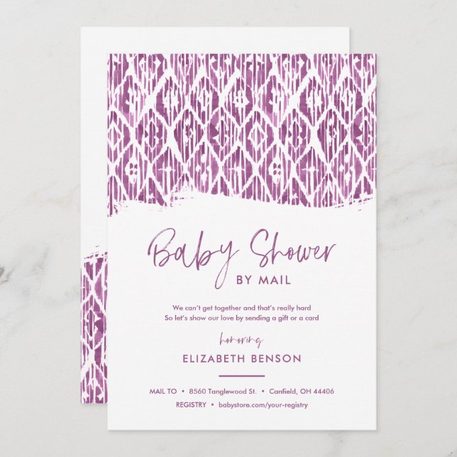 Invitation Boho Purple Ikat Baby shower par courrier (Devant / Derrière)