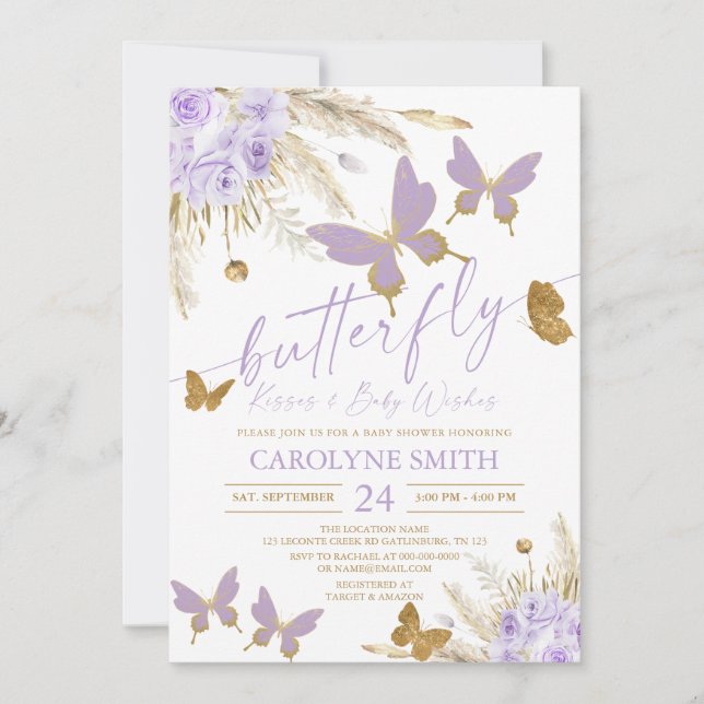 Invitation Boho Purple Pampas Grass Butterfly Kisses (Devant)