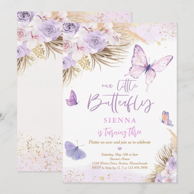 Invitation Boho Purple Papillon Pampas Grass fête d'anniversa (Devant / Derrière)