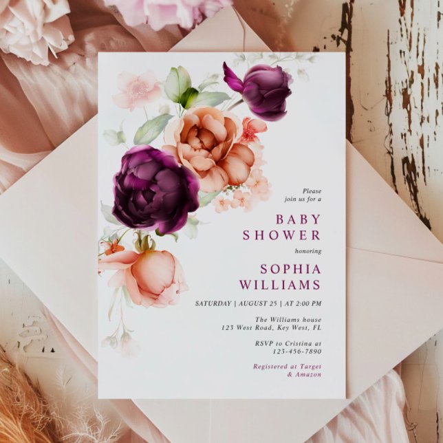 Invitation Boho Purple & Peach Flowers Baby shower (Créateur téléchargé)