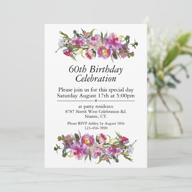 Invitation Boho Purple Peony Personnalisable 60e anniversaire (Debout devant)