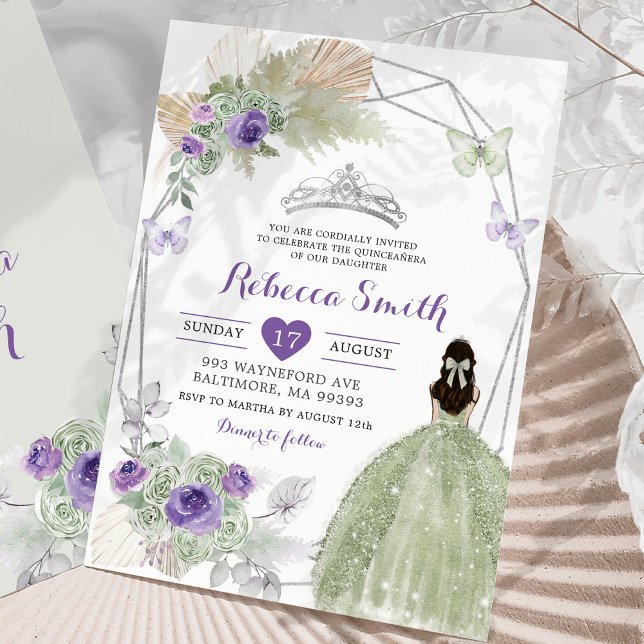 Invitation Boho Purple Sage Vert Géométrique Quinceañera (Créateur téléchargé)