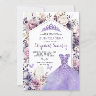 Invitation Boho Purple Silver Floral Princess Quinceañera