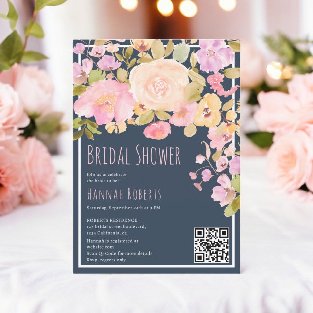 Invitation Boho QR Pastel Pêche rose Fête des mariées florale (Boho QR Pastel Pink peach Floral Bridal Shower Invitation on midnight blue)