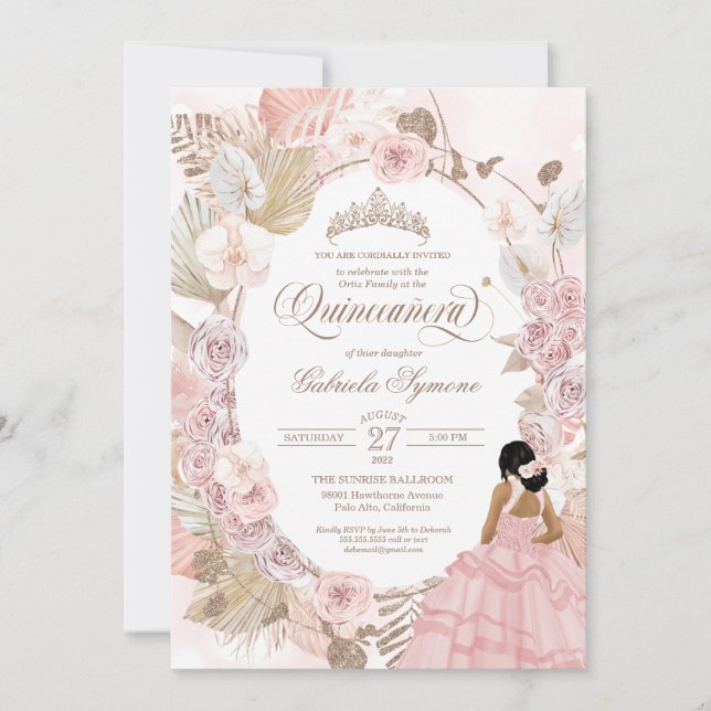 Invitation Boho Quinceanera Blush Rose séché Floral (Devant)
