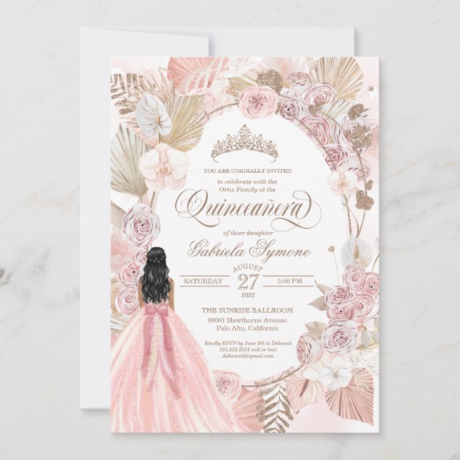 Invitation Boho Quinceanera, Rose Floral Séché Rose (Devant)