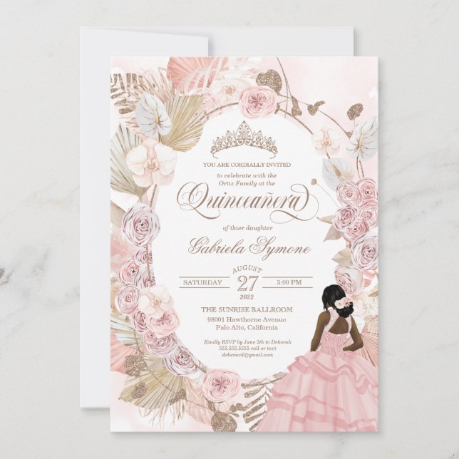 Invitation Boho Quinceanera Roses Roses Roses Rose Séché Orch (Devant)