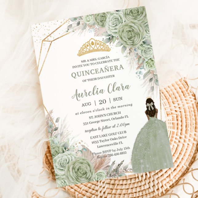 Invitation Boho Quinceanera Sage Vert Floral Pampas Grass (Créateur téléchargé)