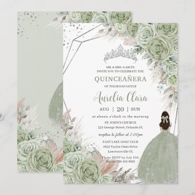 Invitation Boho Quinceañera Sage Vert Floral Pampas Grasse (Devant / Derrière)