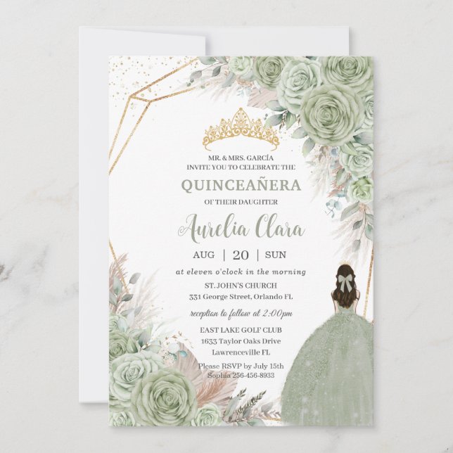 Invitation Boho Quinceañera Sage Vert Floral Pampas Grasse (Devant)