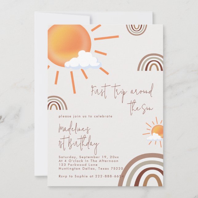 Invitation Boho Rainbow 1er Voyage Autour Du Soleil 1Er Anniv (Devant)