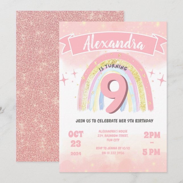 Invitation Boho Rainbow 9th Any Age Birthday Girl Parties sci (Devant / Derrière)