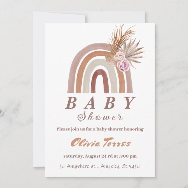 Invitation Boho Rainbow Baby shower Earthy Tones, Floral chic (Devant)