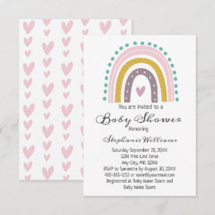 Invitation Boho Rainbow Cœurs Roses Violets Turquoise Bébé Fi