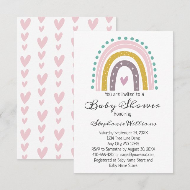 Invitation Boho Rainbow Cœurs Roses Violets Turquoise Bébé Fi (Devant / Derrière)