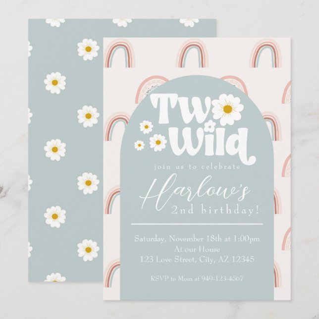 Invitation Boho Rainbow Daisy Two Wild 2nd Girl'anniversaire (Devant / Derrière)