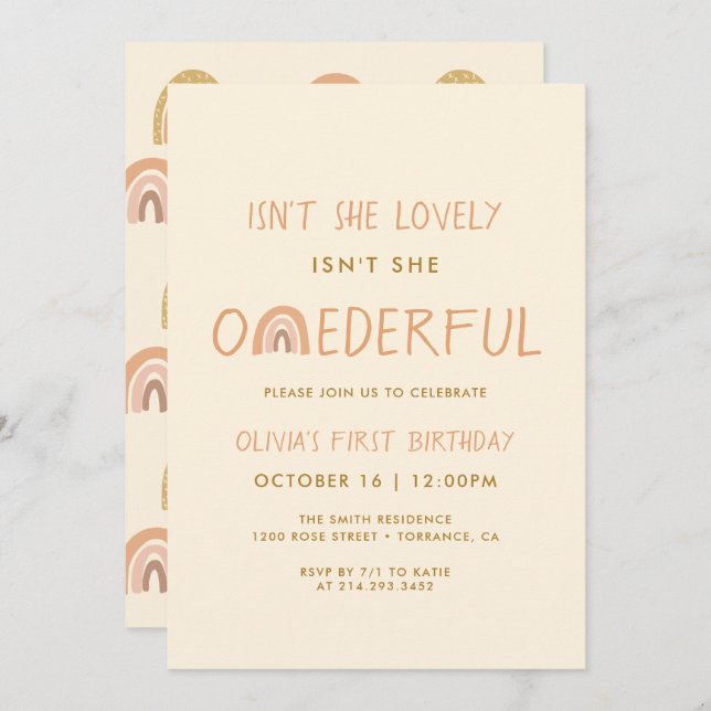 Invitation Boho Rainbow Girl Lovely First Onederday (Devant / Derrière)